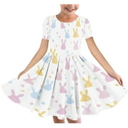 Fjofpr Girls Dresses Clearance $ 5.00 Girls Short Sleeve Stretchy Dress Easter Short Sleeve Round Neck Dress Dance Skirt For Kids(4-14Years)